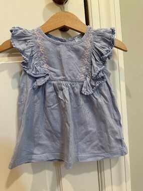 Purebaby Light Blue Embroidered Ruffle Top 6–12M